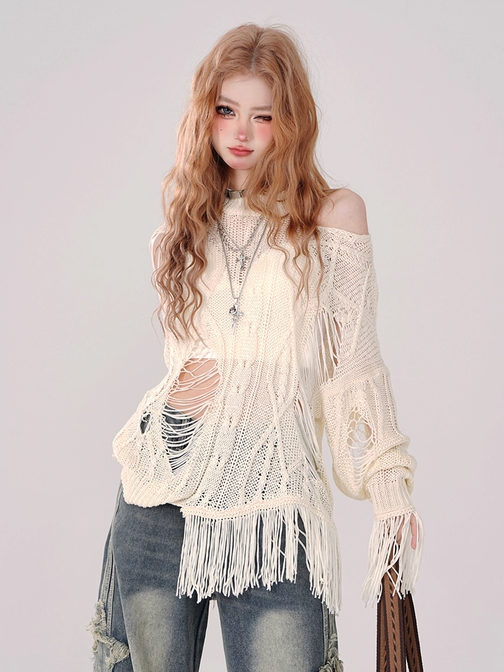 Asymmetrical Distressed Beige Knit Top with Hollow-Out Detail