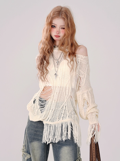 Asymmetrical Distressed Beige Knit Top with Hollow-Out Detail