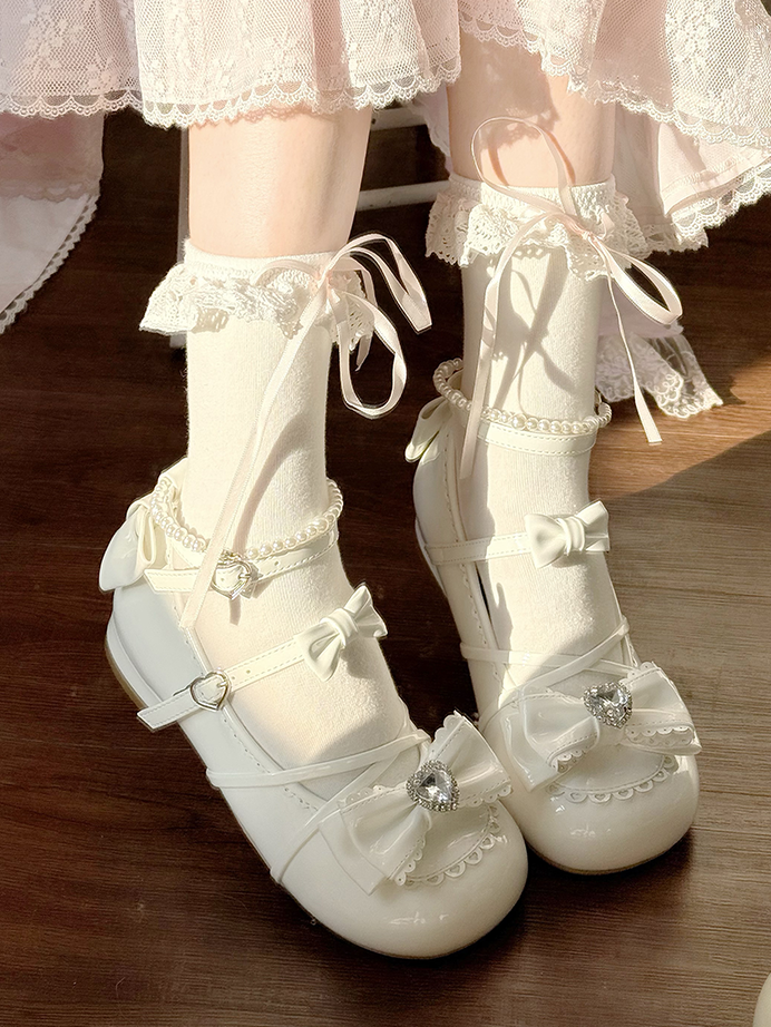Sweet Crisscross PU Accents Bow Lolita Low-heel with White Straps Shoes