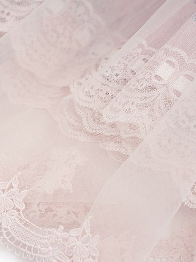 Pink Flutter Sleeve Floral Embroidery Lolita Overlay Dress with Bow and Lace - Yimu Walnut
