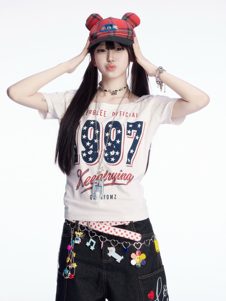 ホワイトネック ヴィンテージ ラウンド アシンメトリーネックライン ナンバープリント