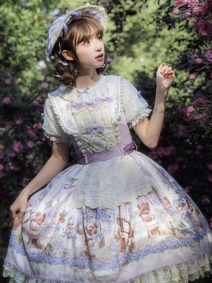 Purple Sweet Lolita Bear Motif Floral JSK Gown with Embroidery & Tulle Layer - Stars Fall on the Foggy Island