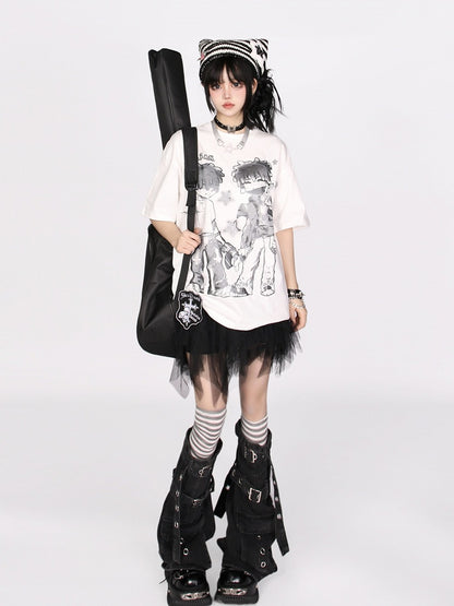 Loose-Fit Anime Character Graphic Tee - Flattering and Stylish White/Black/Pink
