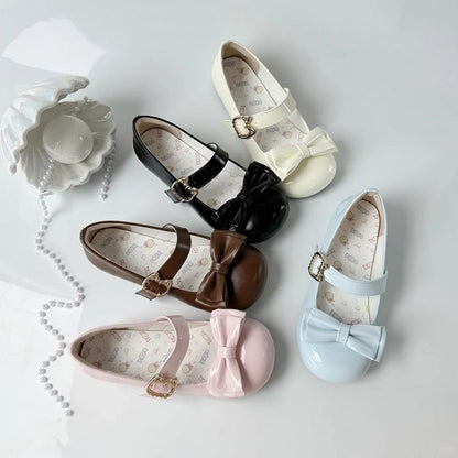 PU Bow 2cm Heeled with Detachble Jane Clips Mary Cat-shaped Buckle Round-toe Pink
