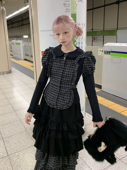 with Plaid Skirt Ankle Length Apron Tiered Trim Ruffle