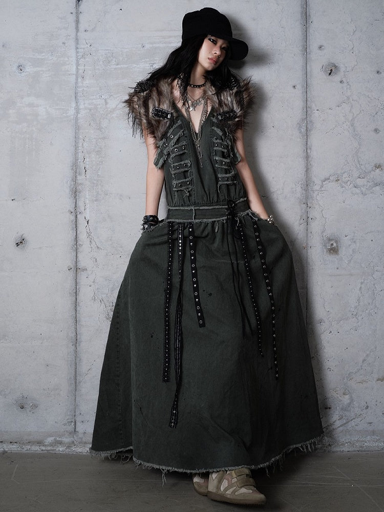 Metal A-Line Straps Punk Oversized Green Dress Edges Vest Eyelet Dark with Raw
