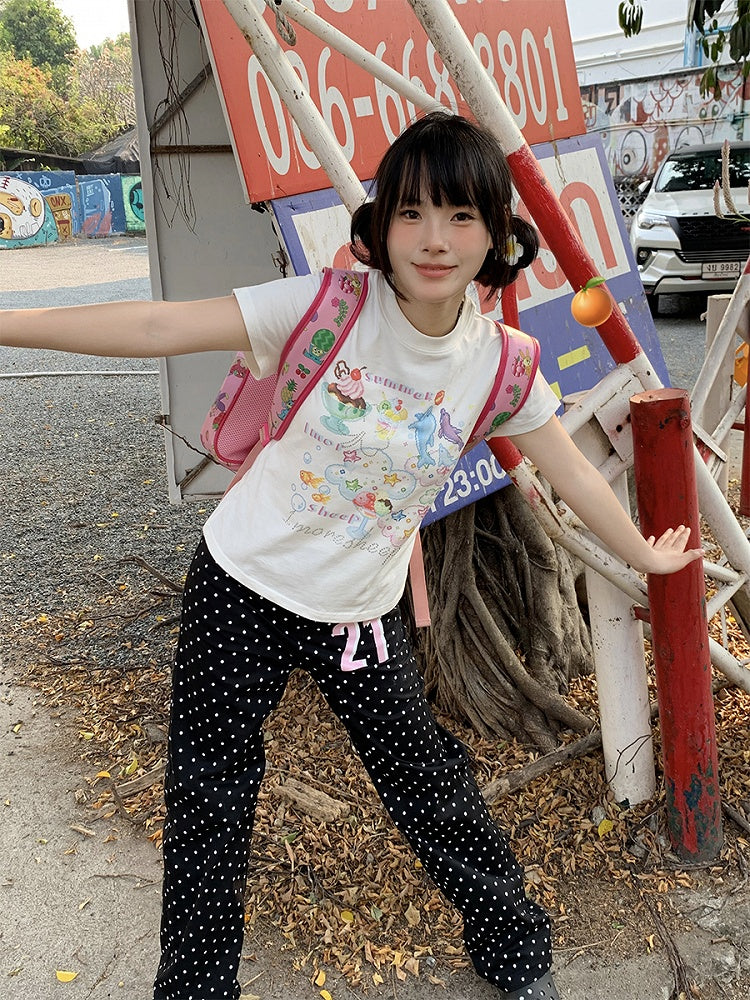 Number Wide-leg Dot with Black Pants Polka Print and