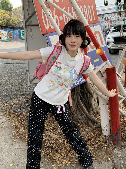 Number Wide-leg Dot with Black Pants Polka Print and