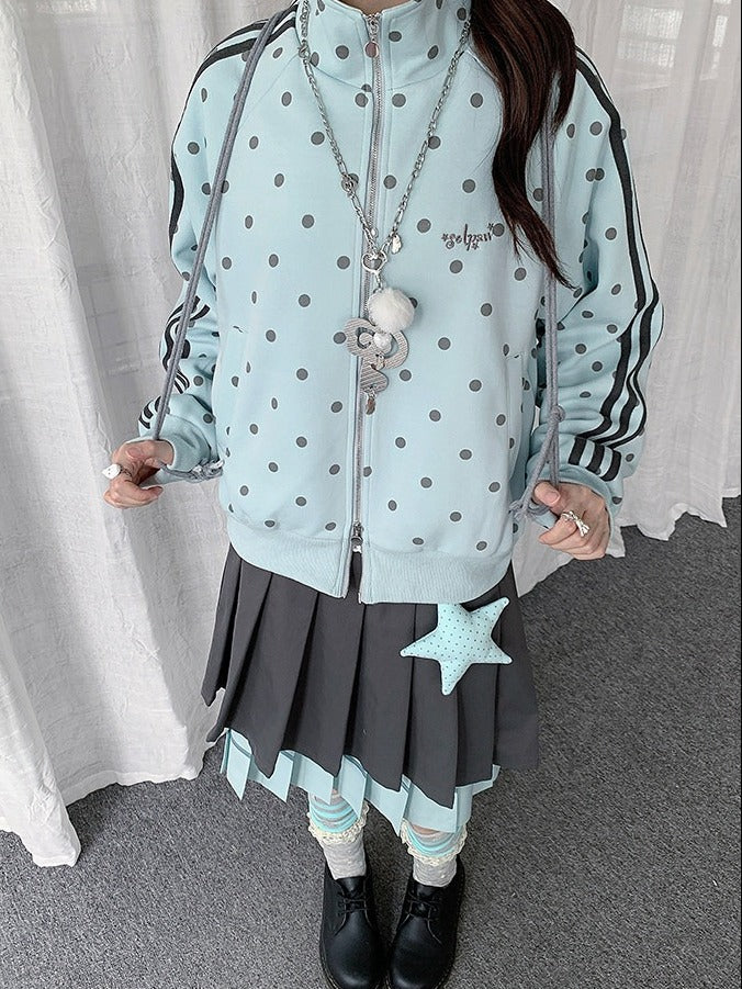 Blue Y2K Polka-Dot Zip-Up Jacket with Striped Accents & Stand Collar - Solkatt