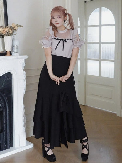 Plus Size Dusty Pink Seiso-kei Cutout Shoulder Blouse with Tulle Panel and Ruffle Accents - Smyster