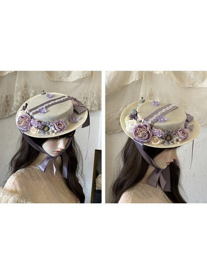 Green and Purple Elegant Floral Flat Hat - Haw Berry