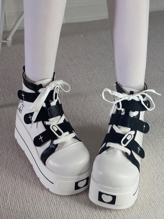 Yami Kawaii Black & White Round Toe Platform Sneakers
