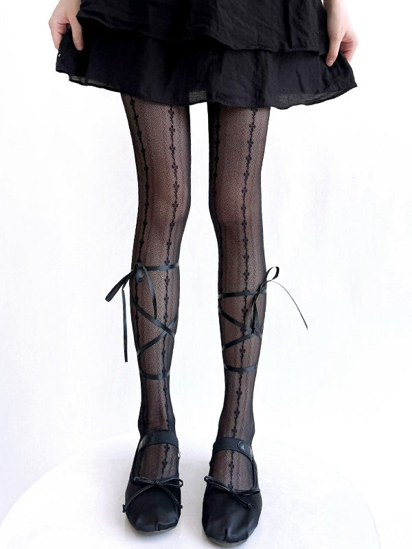 ブラック/ホワイト バレエコア クリスクロス セルフタイ ボウノット タイツ