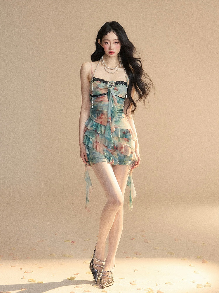 Contrast Floral Cami Dress Blue Asymmetrical Ruffled Hem Trim Lace Black