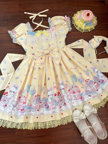 Gelbes kurzes Lolita-Kleid mit Cake Bunny-Ärmeln, süßem Print und Puffärmeln
