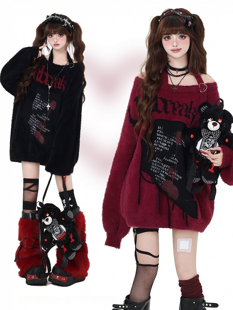 Black/Wine Red/Purple Letter Graphic Halter Neck Loose Sweater