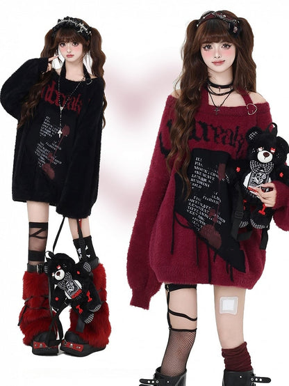 Black/Wine Red/Purple Letter Graphic Halter Neck Loose Sweater