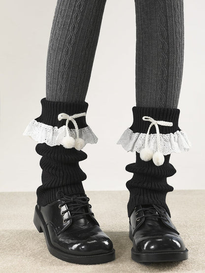 Warmers with Lace Collar 5 Pom-Poms Colors Trim Leg Turn-Down
