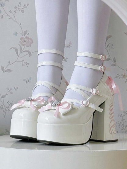 Heels Sweet Block Design - Crisscross High Platform Lolita White