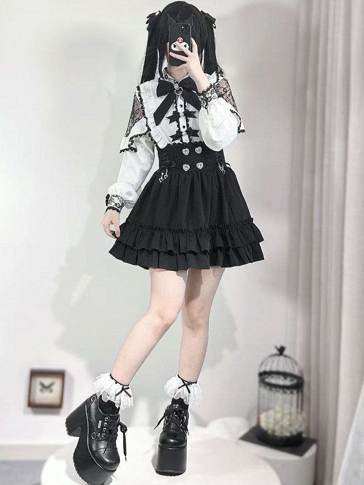 Skirt Decorated Jirai Heart Rhinestone Tiered Lace-up Kei Details Black