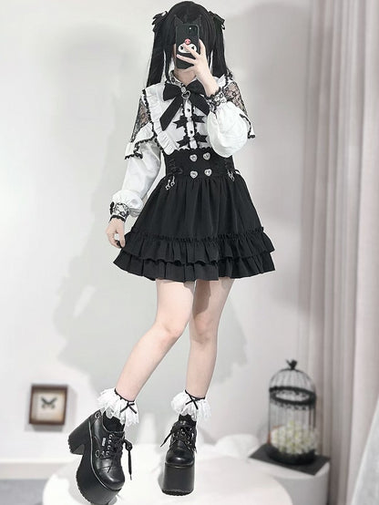 Skirt Decorated Jirai Heart Rhinestone Tiered Lace-up Kei Details Black