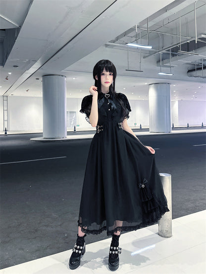 Hem Ruffles Tiered Dress Jirai Kei Black Chiffon Heart Buckles Waist