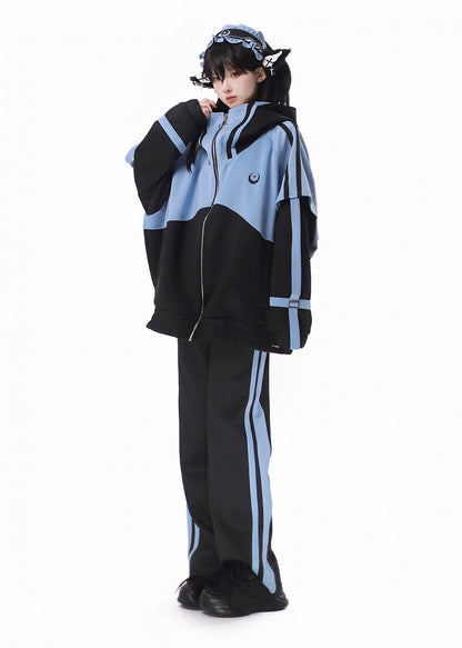 and Kei Sweatershirt Front Black Blue Up Long Sleeves Jirai Zip Jacket