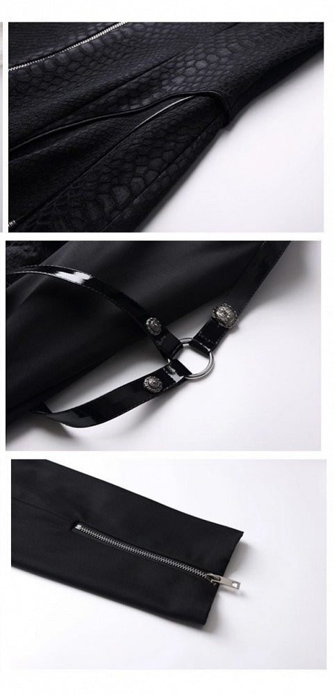 Black Unisex Gothic Snakeskin-Grain Long Coat with False Two-Piece Design & Dual Zips - Wu Xiang Gui Shi