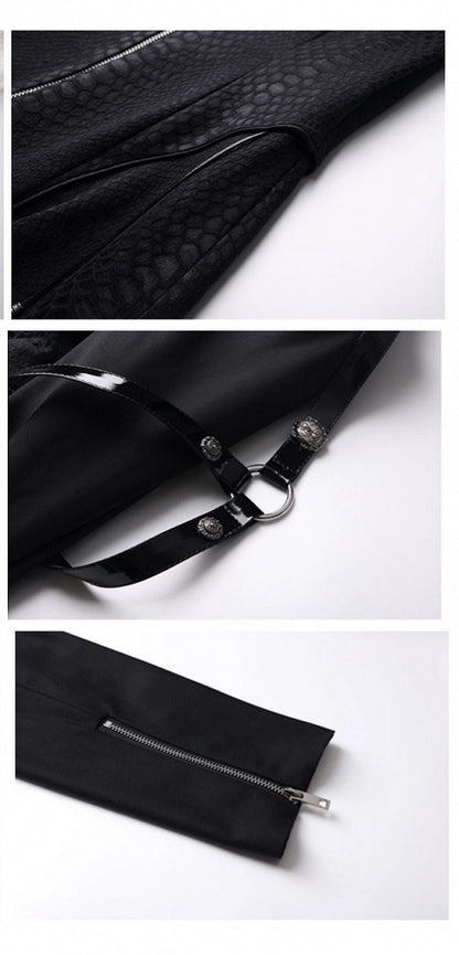 Black Unisex Gothic Snakeskin-Grain Long Coat with False Two-Piece Design & Dual Zips - Wu Xiang Gui Shi