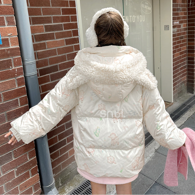 Süße weiße Daunenjacke mit Kapuze und Lamm-Print, kurze/lange Version