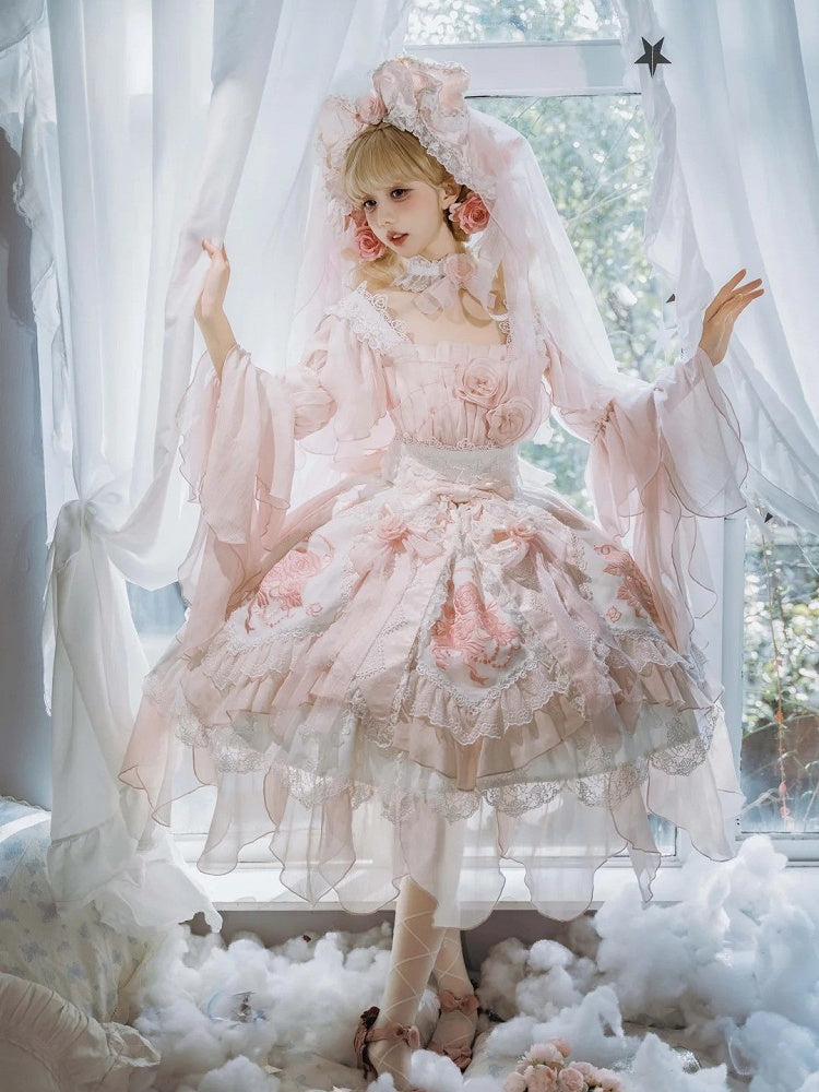 Version JSK Dress Hanayome Lolita Accents Pink with Light Short Flowing Ruffles Rose Layered