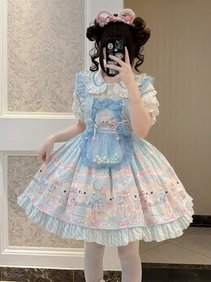 Blue Kitty and Polka Dots Pattern Sweet Lolita Overall Dress