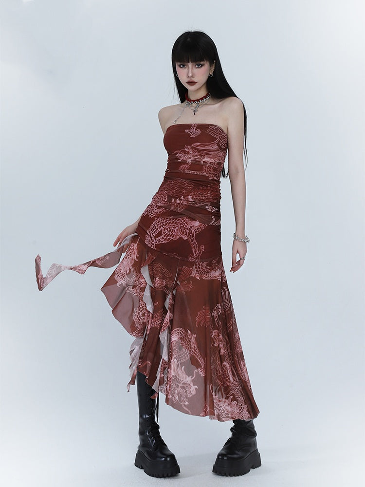 Red Dragon Print Asymmetrical Hem Slim-fitting Dress