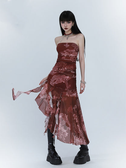 Red Dragon Print Asymmetrical Hem Slim-fitting Dress