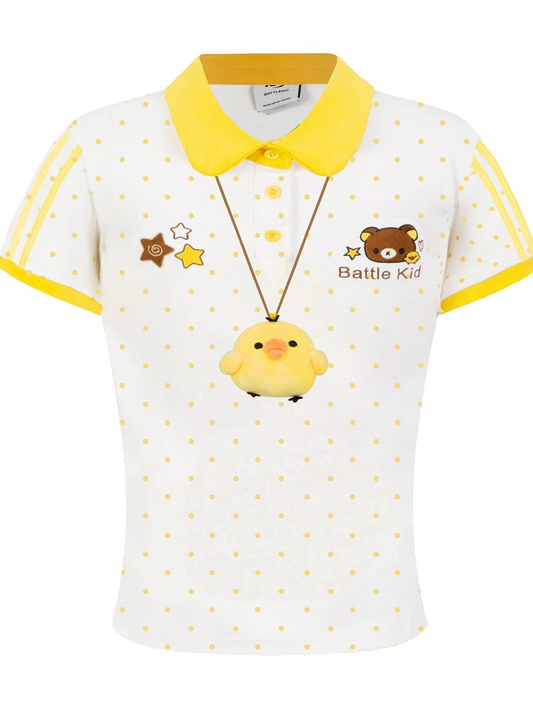Yellow Polka-Dot Tee with Bear Motif & Chick Charm - Languid Park