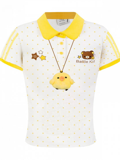 Yellow Polka-Dot Tee with Bear Motif & Chick Charm - Languid Park