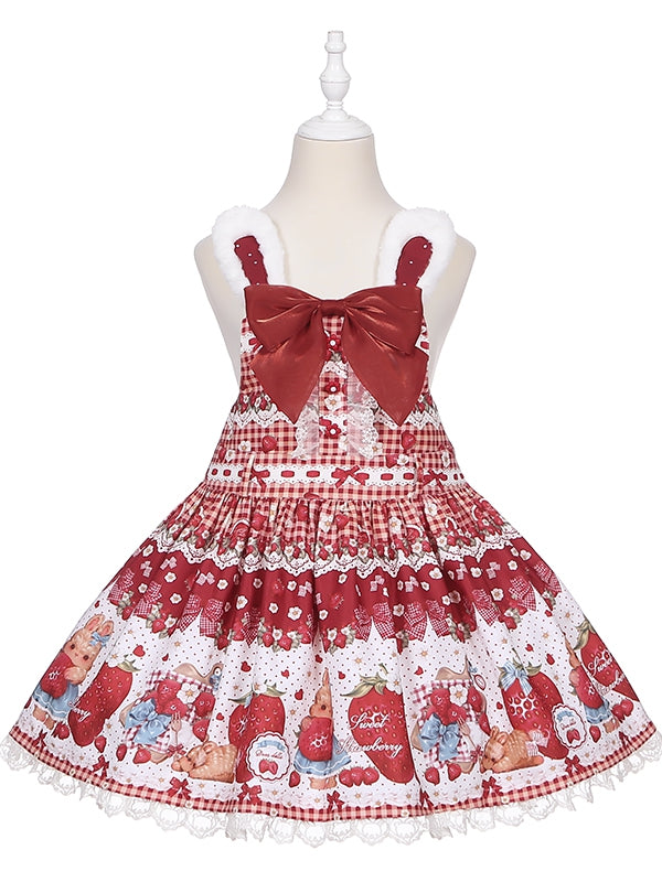Frühlings-Erdbeer- und Kaninchen-Print Große Schleife Hasenohren Weinrot Süßes Lolita Overallkleid