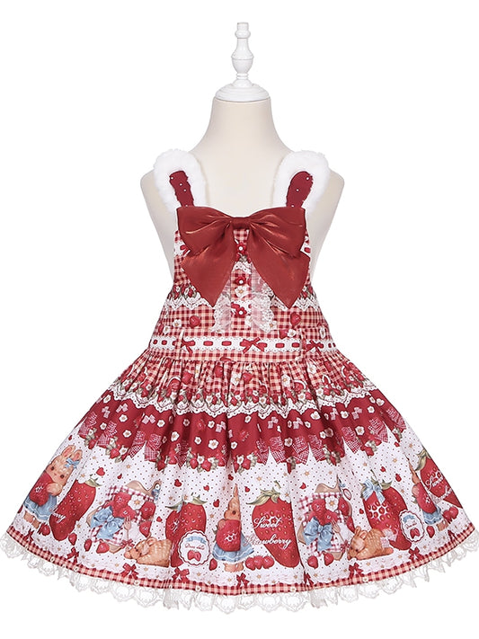 Spring Strawberry and Rabbit Print Big Bow Rabbit Ears Wine Red Sweet Lolita Overall Dress