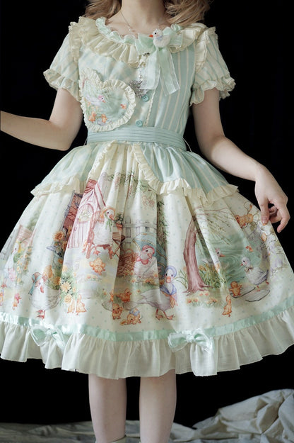 Lolita Short Duckling Sunflower Sweet Print and Sleeves Dress