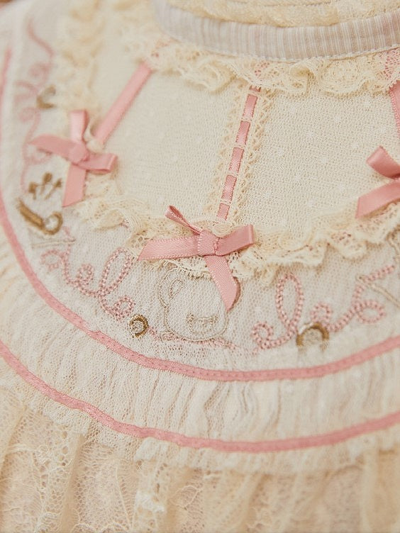 Dress Printed Bear Lolita Lace-Trimmed with Sweet Beige Accents Bow