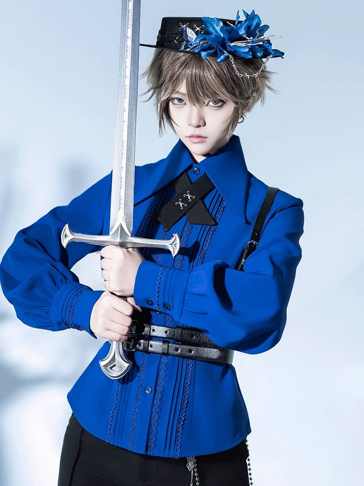 クライン グレー ブルー＆ポイントカラー ロングシャツ プリーツ フォールドオーバー ディテール レース/プリンススリーブ