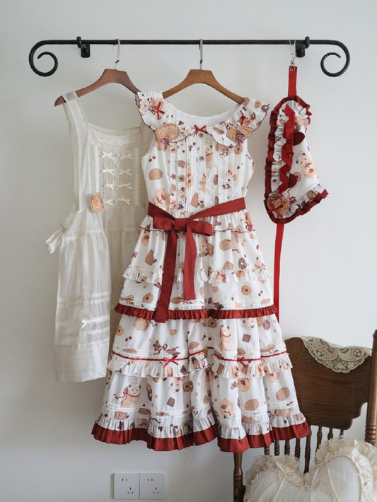 Set Sweet Hamster Triangular Red Cookie Dress Headscarf and Print Lolita Brooches Apron Full + White