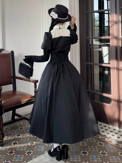 Juliette Lolita High Blouse White Waist Boned Sleeves Set Black Gothic + Corset Skirt Tie Jabot