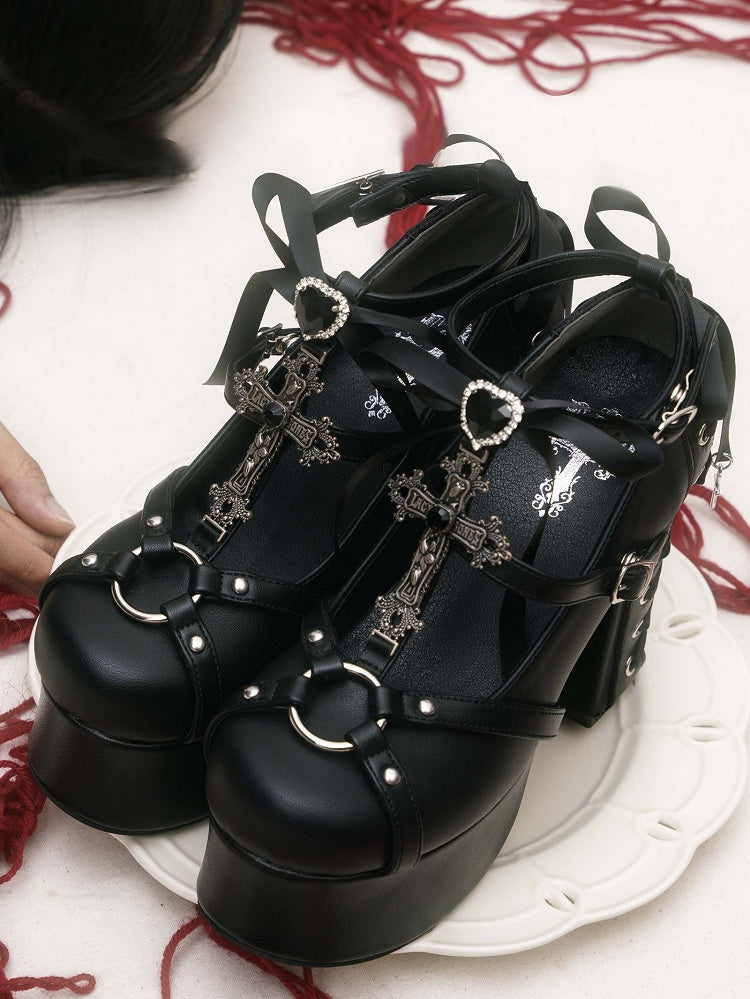 Lace-Up - Platform Heart Detachable Back with Rhinestone Black at Gothic Janes Charm Cross Bow Mary