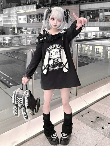 Jirai-kei Black Off Shoulder Long Sleeve Top with 3D Bunny Ears, Lace & Bows - Puppet Bombs