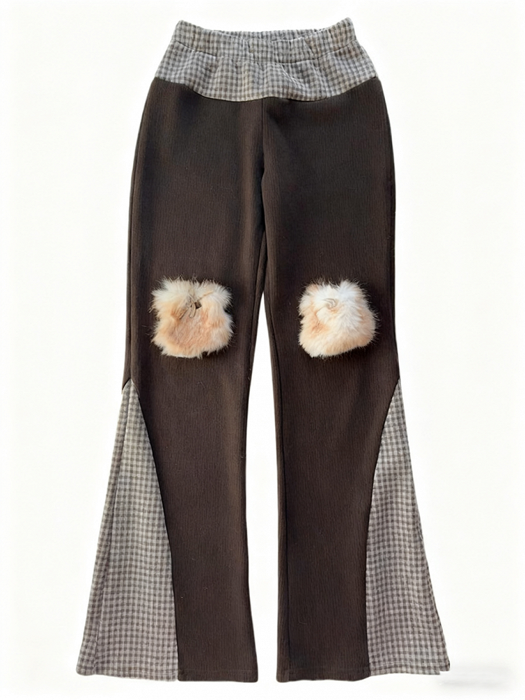 Brown Pants Knee with Flare Accents Patchwork Plaid Vintage-Inspired Fuzzy