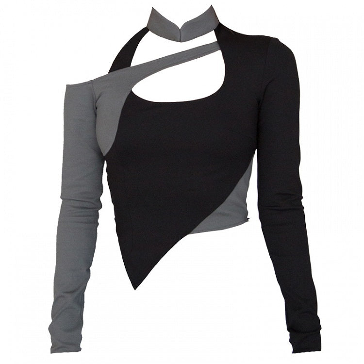 Cyberpunk Schwarz &amp; Grau Stehkragen Cutout Detail Asymmetrischer Saum Glamouröses Top