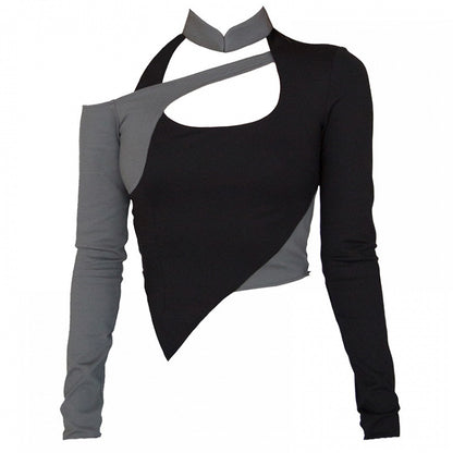 Cyberpunk Schwarz &amp; Grau Stehkragen Cutout Detail Asymmetrischer Saum Glamouröses Top