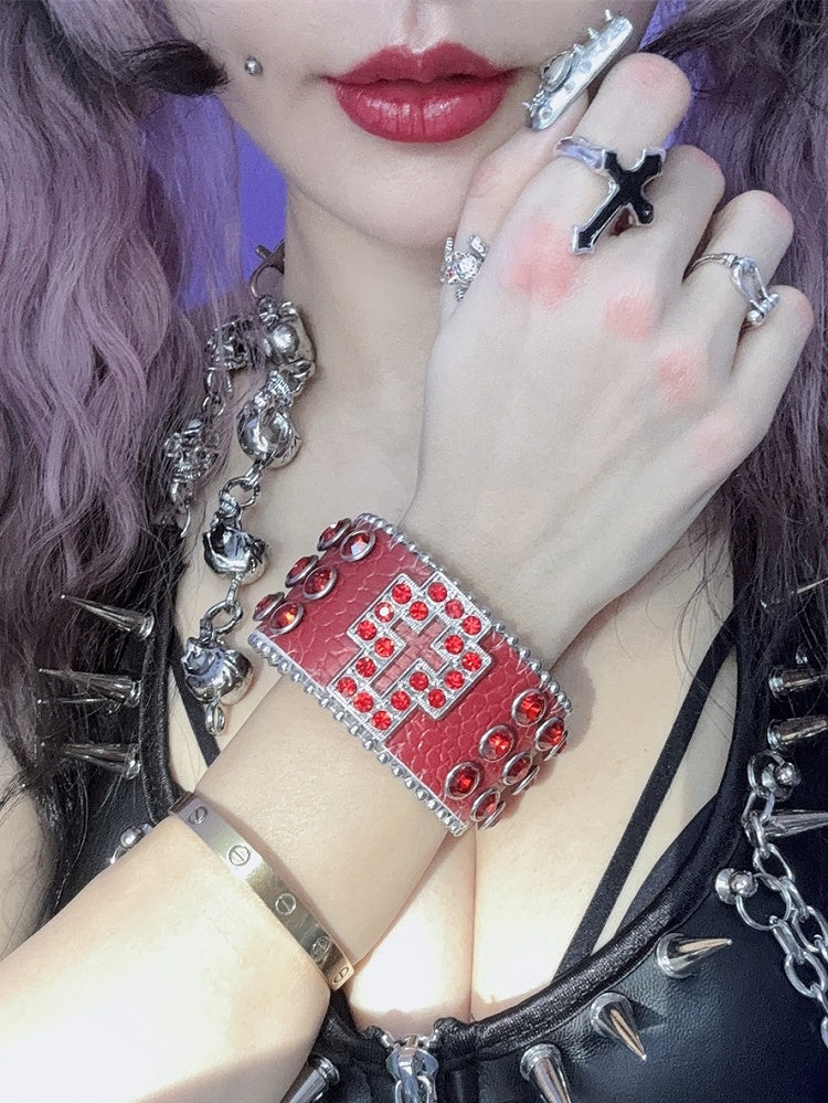 Rot/Schwarz/Silber Armband Y2K Strass Armband verziert Kreuz Design