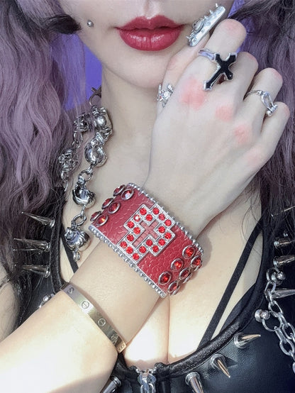 Red/Black/Silver Wristband Y2K Rhinestone Bracelet Decorated Cross Design